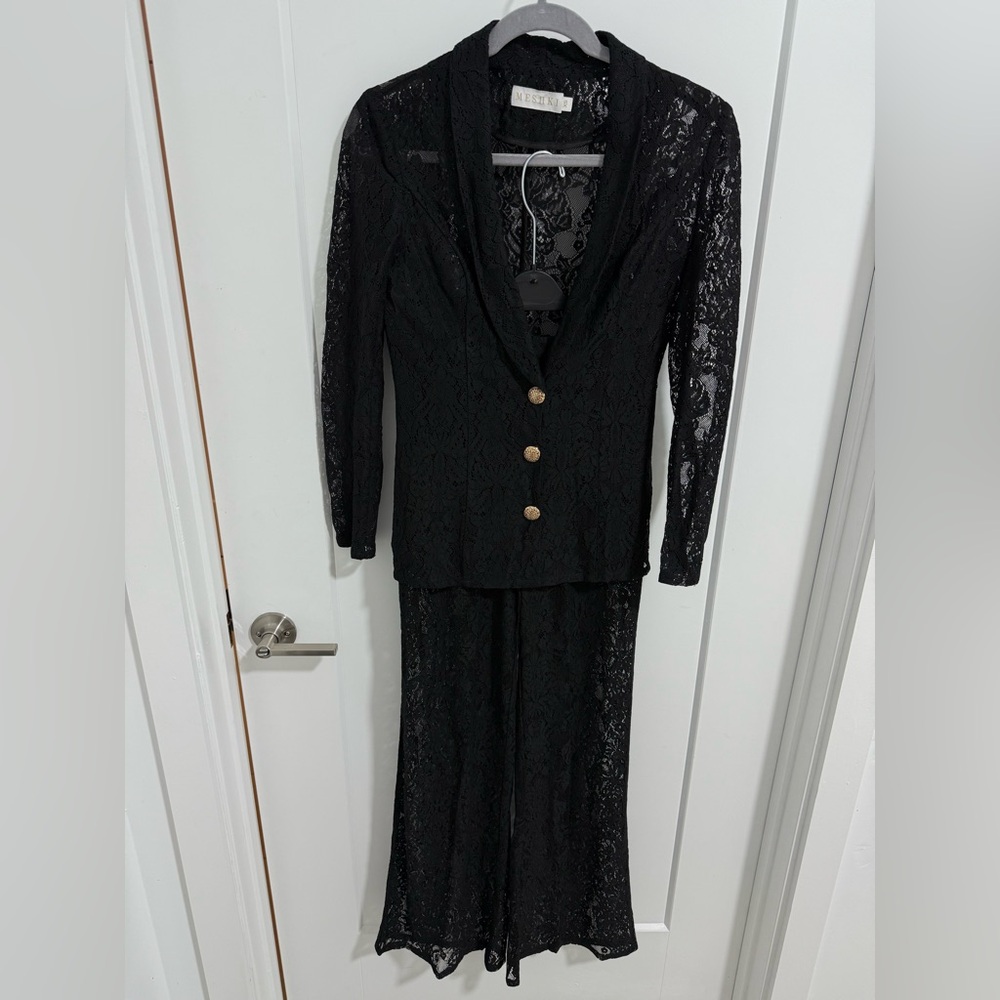 Meshki Black Lace Blazer & Pants Set with Gold Buttons – Size XS/S‎